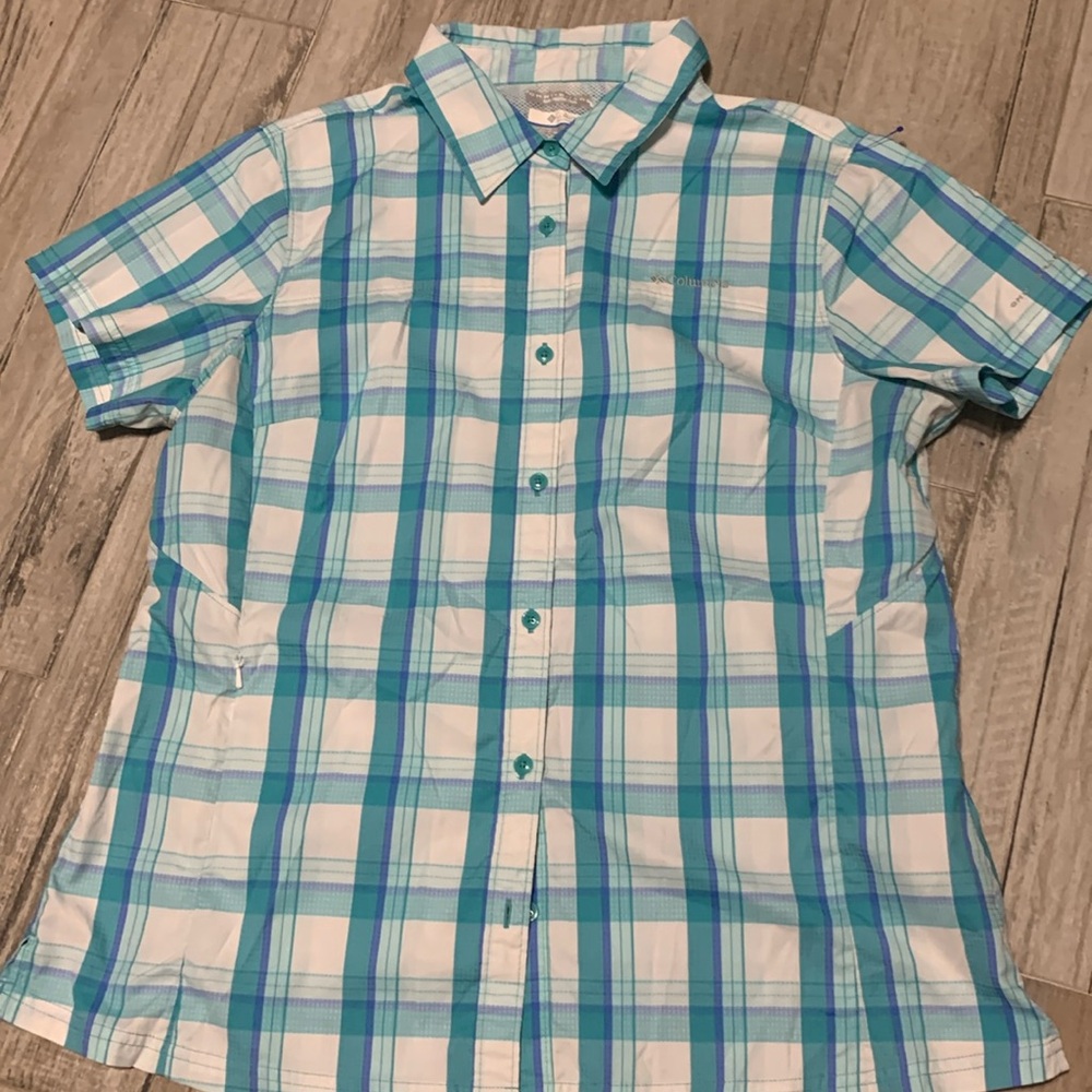 Columbia Plaid Button-Down Shirt in White and Teal